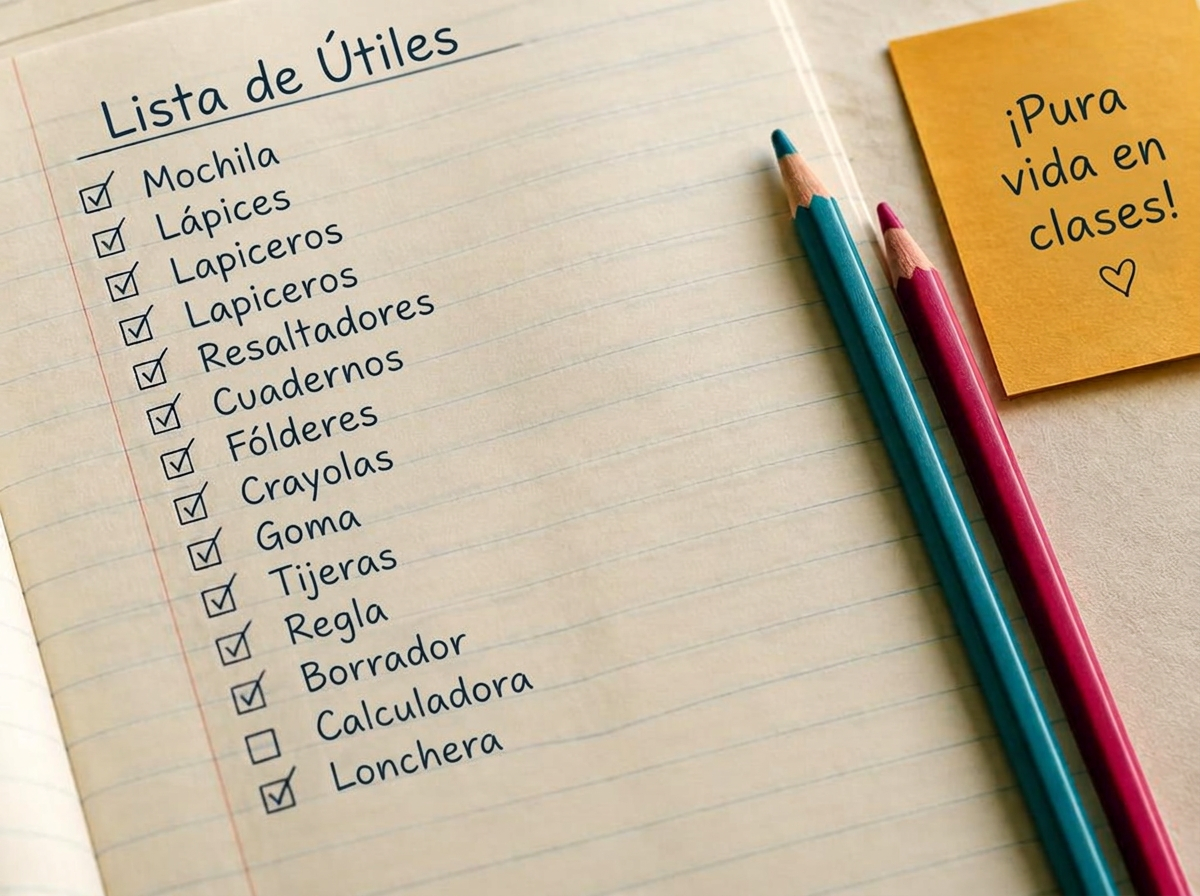 Lista de útiles escrita en un cuaderno con lápices de colores
