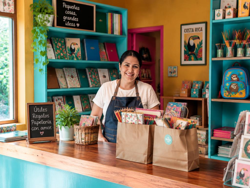 Mostrador de una papelería con bolsas de útiles listas para entregar